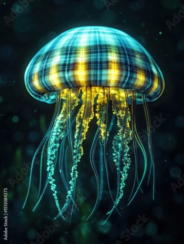 A plaid-patterned jellyfish glowing in the depths of a surreal underwater world 