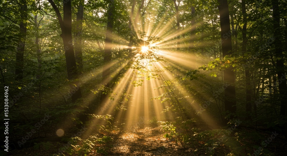 Naklejka premium Golden Sunlight Beams Through Lush Green Forest