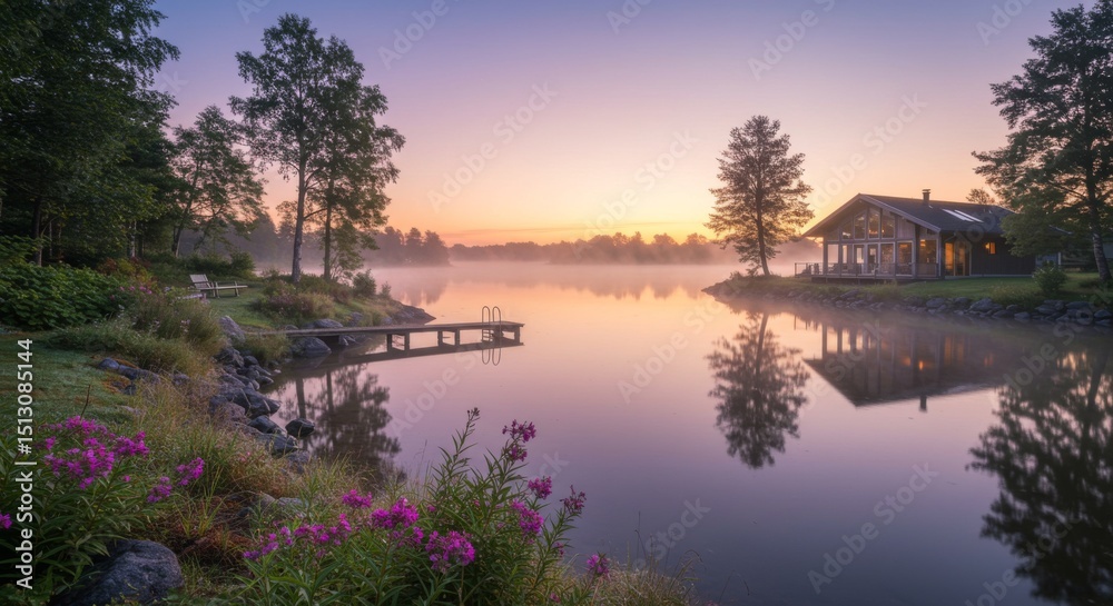 Obraz premium Sunrise Over Calm Lake With Modern House and Fog