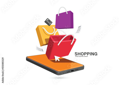 3 colored paper shopping bags, red, yellow, purple, and credit card, receipts float in mid-air on smartphone screen after customer click cursor to confirm online order, vector 3d for online shopping