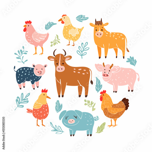 Farm animals drawn in a friendly and simple ink sketch style.