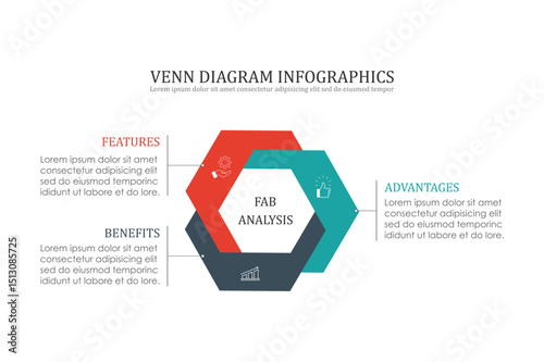 Infographic Venn diagram chart template for business 3 parts, content, presentation with vector illustration of Venn diagram elements.