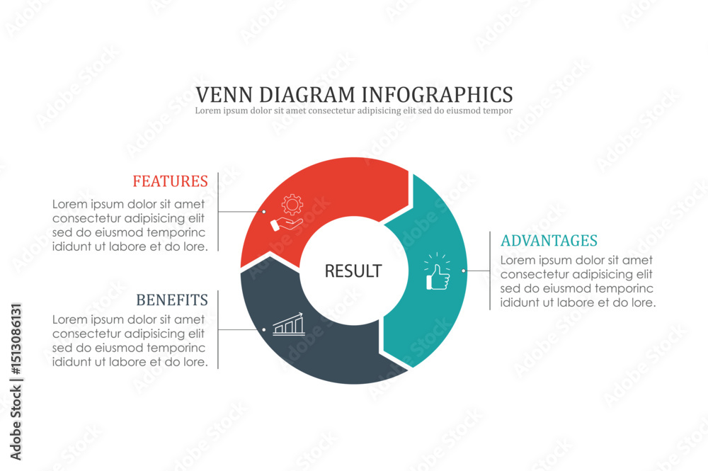 Infographic Venn diagram chart template for business 3 parts, content, presentation with vector illustration of Venn diagram elements.