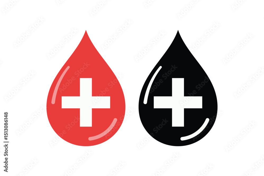 Fototapeta premium Two graphic blood drops with medical cross symbols depicting blood donation and health concept.