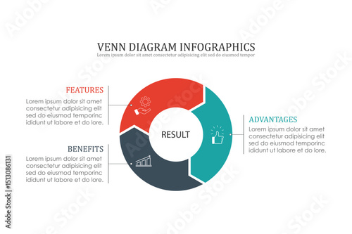 Infographic Venn diagram chart template for business 3 parts, content, presentation with vector illustration of Venn diagram elements.