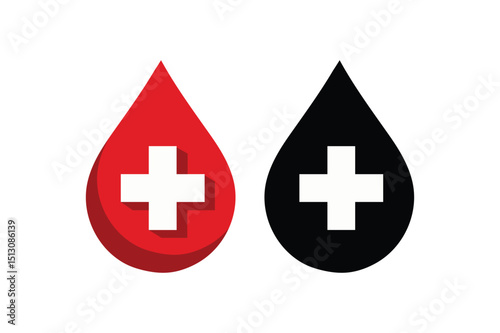 Symbolic representations of blood donation and healthcare with red and black blood drop icons