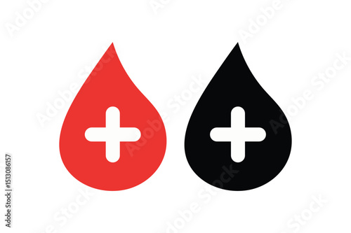 Simple illustration of blood type with plus sign in red and black blood drops for medical use