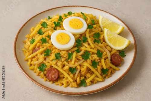 Traditional Portuguese Bacalhau à Brás with egg and parsley on ceramic plate. AI-generated.