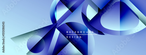 Abstract blue shapes overlap, creating dynamic background. Modern design features gradients, lines, smooth curves. Minimalist aesthetic.
