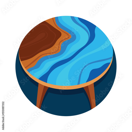 Vector illustration of a modern round table with blue epoxy resin and wooden surface