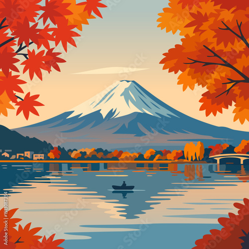 autumn serenity mount fuji orange sunset illustration clipart colorful season