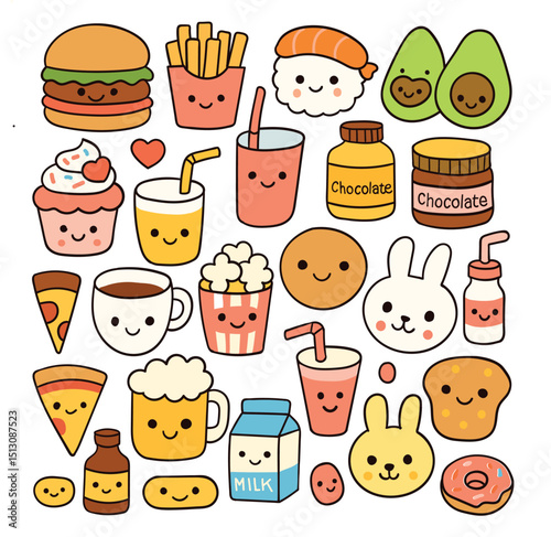 Line drawing of food and drinks, cute, Kawaii style, isolate vector file.