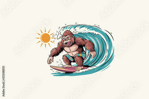 hand drawn vintage gorilla surfing logo design 