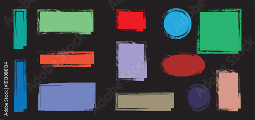 Text box crayon, shape frame, kid paint brush round border, colorful rough chalk sticker, cute charcoal note isolated on white background. Charcoal brush straight texture. Scribble squares. Kids.