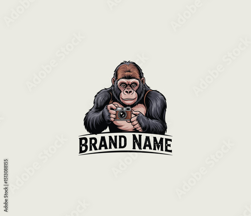 hand drawn vintage gorilla taking picture with camera logo design 