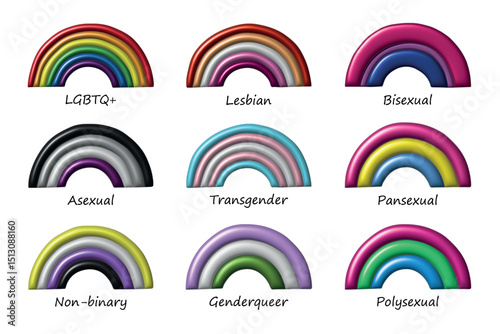 Set of colorful 3d LGBTQ+ pride flag rainbows Gender equality and sexual identity pride flags collection LGBTQIA community pride month