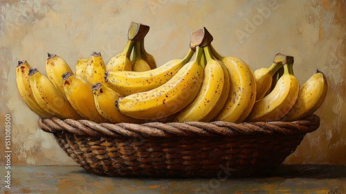 Impressionistic depiction of a cluster of ripening bananas nested within a woven basket, hinting at the bounty of nature and the warmth of domestic life