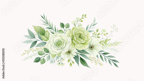 Artistic wedding invitation card set featuring green watercolor roses and flower decorations. Botanical template design ideal for elegant and romantic event themes.