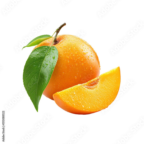 Fresh Apricot with Slice and Green Leaf, Water Droplets