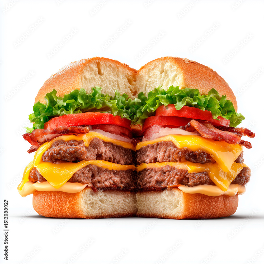 Juicy double cheeseburger sliced perfectly in half, revealing layered patties, melted cheese, crisp bacon, and fresh veggies—ultra-realistic food photography. Juicy double cheeseburger sliced perfectly in half, revealing layered patties, melted cheese, crisp bacon, and fresh veggies—ultra-realistic food photography.