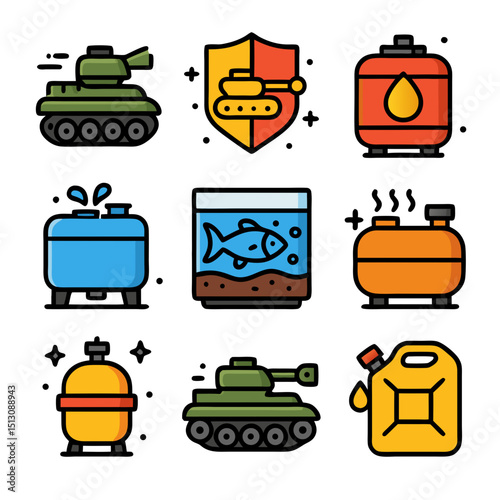 Colorful Flat Icons of Military Tanks, Fuel Barrels, and Fish Aquarium