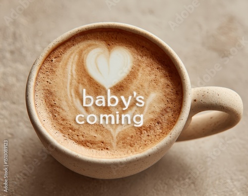 Baby's Coming Latte Art. A cup of expertly crafted latte art with a heart shape, creatively announces an upcoming baby, perfect for expecting parents or baby-related promotions. Ai image