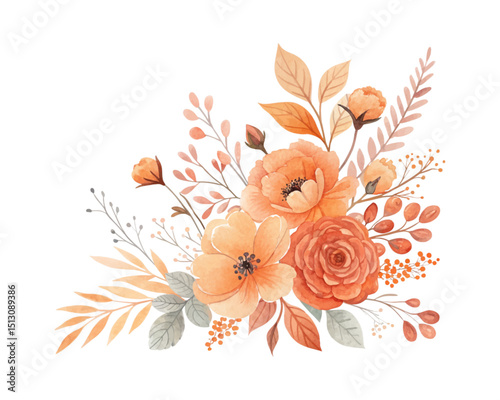 Orange watercolor floral arrangements featuring wildflowers, leaves, and branches. Botanical illustration perfect for wedding cards, invitations, and seasonal decorative artwork.