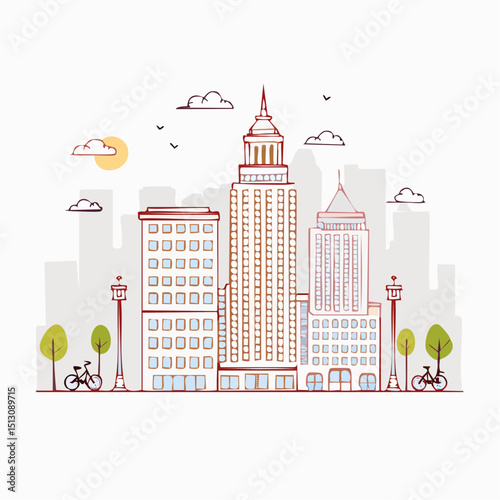 City details illustrated with line-art sketches and simple forms.
