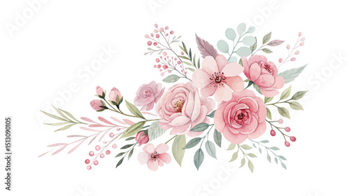 Romantic and soft pink watercolor wedding floral illustration on white background featuring elegant blooms and subtle leaves for cards and decoration