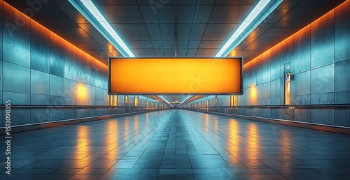 Futuristic subway tunnel mockup with blue walls and orange signs

