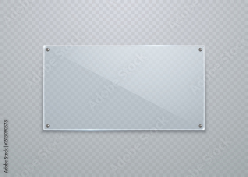 Realistic empty transparent glass or plastic frame hanging on the wall is isolated on a light background. Vector illustration.