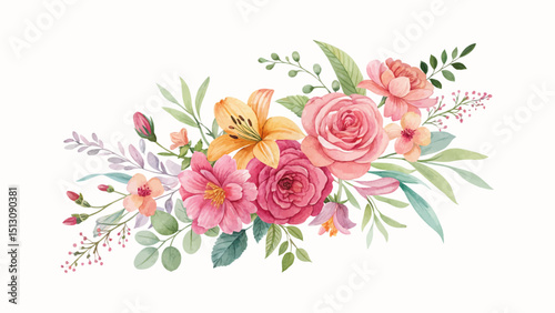 Tropical spring floral design with orange and white flowers and green leaves in watercolor. Hand-painted bouquet arrangement perfect for wedding greeting cards and seasonal decor