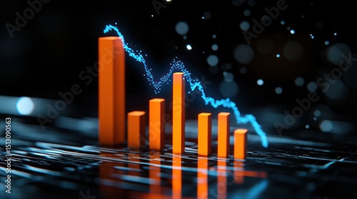 Market Trend Visualization: A dynamic data visualization displays a declining market trend, with vivid orange bars against a dark, blurred background.