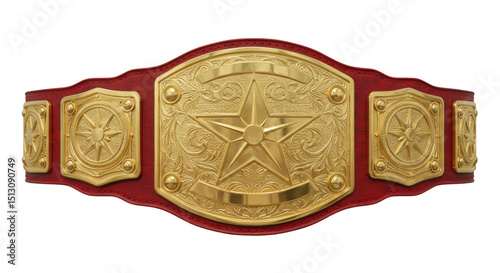 Isolated Gold and Red Ornate Championship Belt with Star Centerpiece