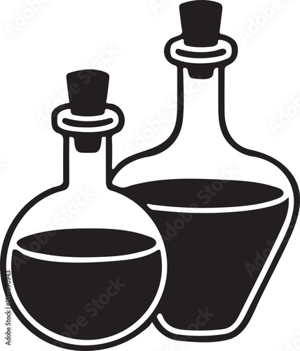 2 glass bottles with cork stoppers of liquid silhouette vector illustration.