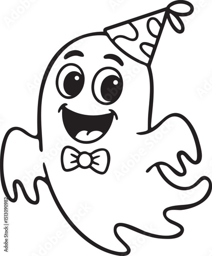 A funny halloween ghost wearing a party hat.