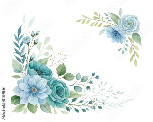 Watercolor corner floral border with green and teal peonies, roses, and lush greenery on white background, ideal for elegant invitations, cards, and botanical stationery