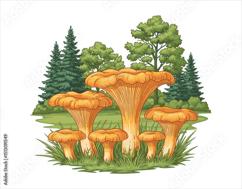 Chanterelle mushrooms growing in grassy forest areas among coniferous and deciduous trees.

