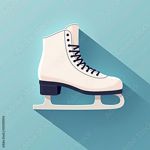 Skate with white figure skating boots on a blue gradient background, winter sports equipment.