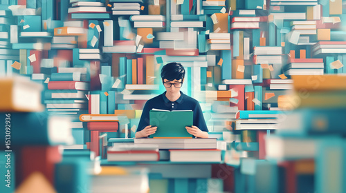 A dedicated millennial student immersed in higher education, balancing traditional study materials with digital resources