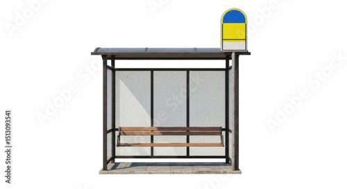 Isolated Modern Bus Stop Shelter with Wooden Bench Seating