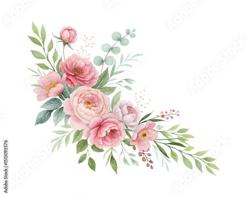 Watercolor floral wedding vector illustration with soft painted flowers on white background ideal for textile pattern designs and elegant wedding decor