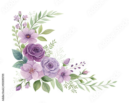 A romantic watercolor wedding invitation design featuring pink roses, buds and wildflowers with decorative leaves on a soft floral background for elegant celebratory occasions