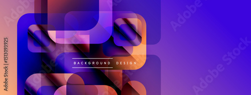 Abstract geometric shapes overlap, creating vibrant gradients. Purple, orange hues dominate design, modern aesthetic.