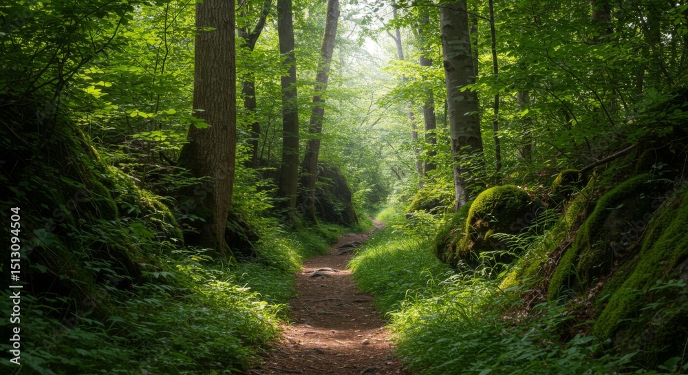 Obraz premium Sunlit Forest Path with Mossy Rocks