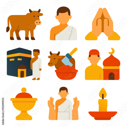 Hajj cow icons for Islamic pilgrimage, suitable for designs related to Islam, pilgrimage, religious events, and cultural celebrations.