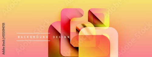 Abstract geometric shapes overlap, creating vibrant gradient effect. Warm colors dominate design, with text elements present.