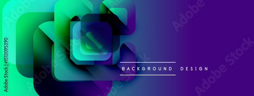 Abstract geometric shapes overlap, creating vibrant gradient effect. Modern design suitable for banners, backgrounds. Colors transition smoothly.