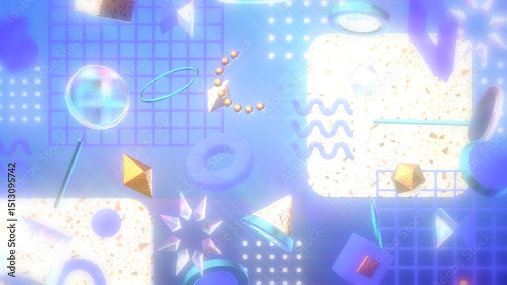 Naklejka premium 紗がかかった幾何学模様やテラゾー柄が並ぶオシャレな3DCG - ブルー