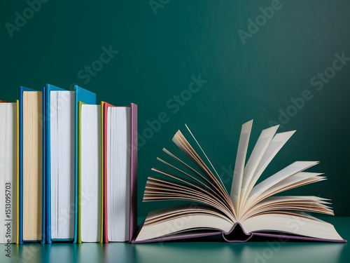 Open book amongst colorful books on teal background, perfect for education stock photo